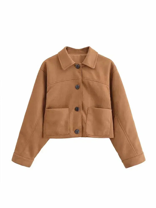 Women's new Fashion pocket decoration casual single breasted short lapel Jacket Coat retro long sleeved women's Coat chic top