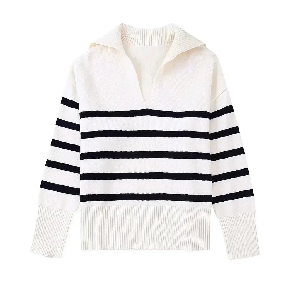 Women 2022 Autumn New Leisure Fashion Striped Knitted Sweater Vintage Lapel Long Sleeve Female Pullovers Chic Tops