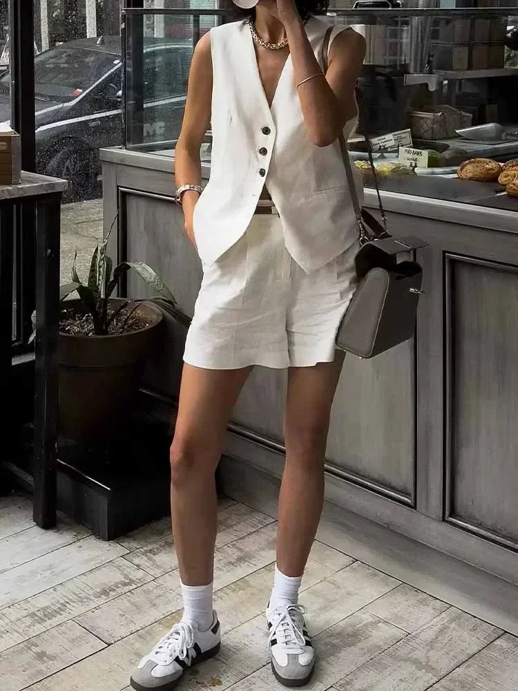 Women New Fashion Linen Cropped Customized Casual Vest Vintage V Neck Button-up Female Waistcoat Chic Tops + shorts Women's suit