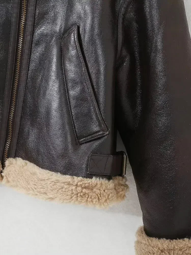 Women's new fashion short motorcycle style double-sided Fur Faux Leather jacket retro long sleeved Zipper women's Coat Chic top