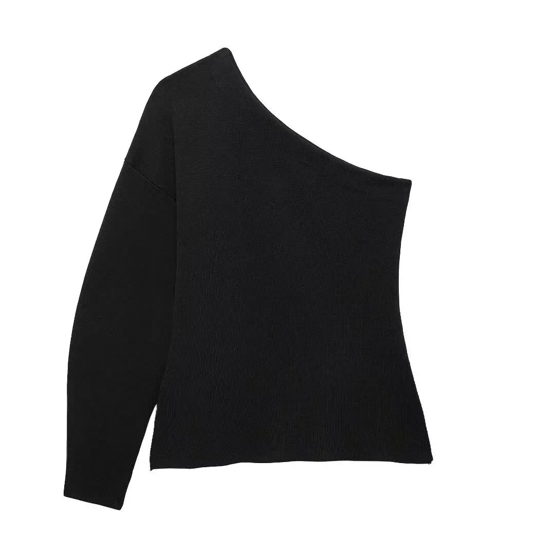 Women's new fashion side Split design slim asymmetric off shoulder knitted sweater retro long sleeved women's pullover chic top