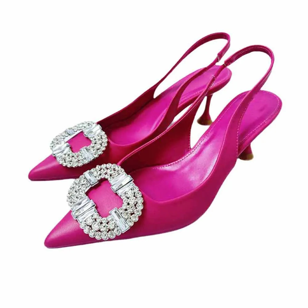 M Autumn New Women's Shoes High Heels Rose Red Bright Rhinestone Decorative High Heels Baotou Wedding Shoes.