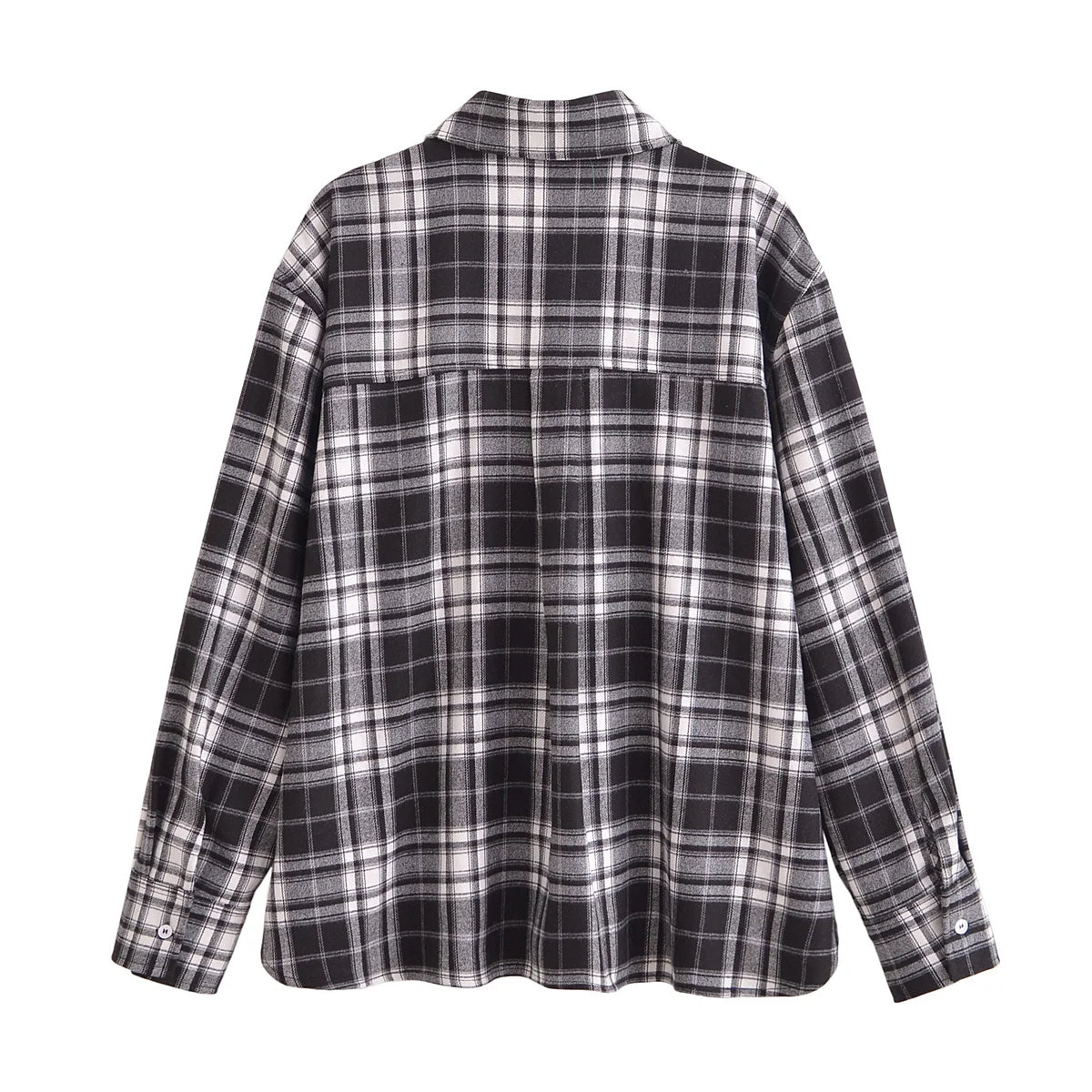 Women's new fashion pocket decoration loose asymmetric plaid shirt retro long sleeved button up women's shirt chic top