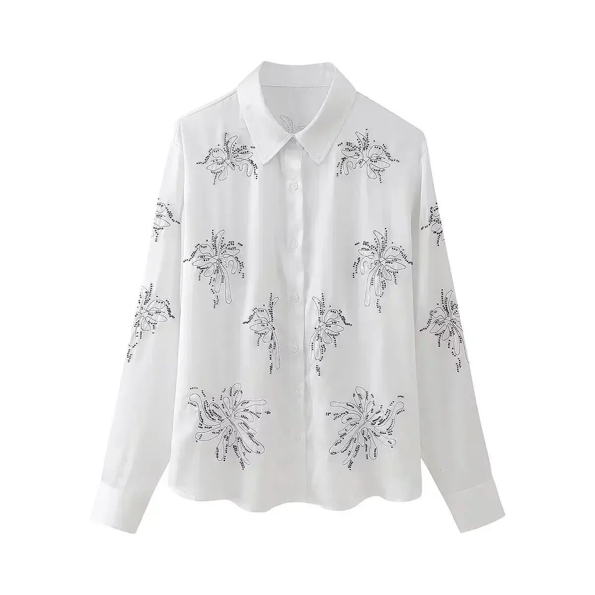 Women's new fashion beaded decoration casual lapel embroidered women's shirt retro long sleeved Button up women's shirt