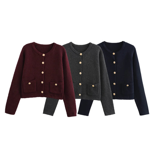 Women's new Fashion gold buckle decoration slim short O-Neck knitted coat retro long sleeved pocket women's coat chic top