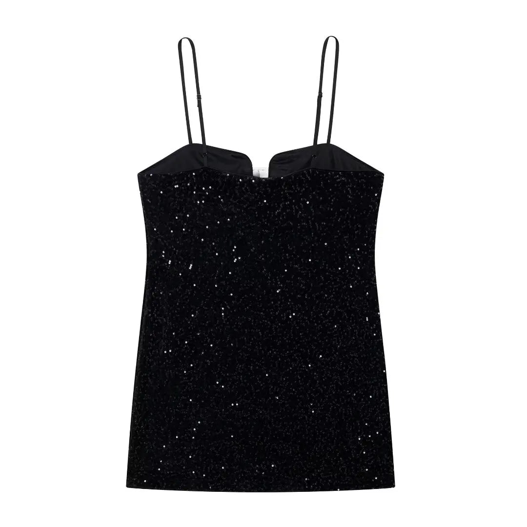 Women's new fashion bow decoration black slim sequin suspender mini dress retro sleeveless backless women's dress Mujer