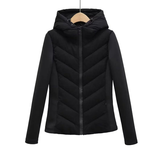 Women's winter new fashion black stand collar hooded patchwork cotton Coat retro long sleeved zipper women's jacket chic top