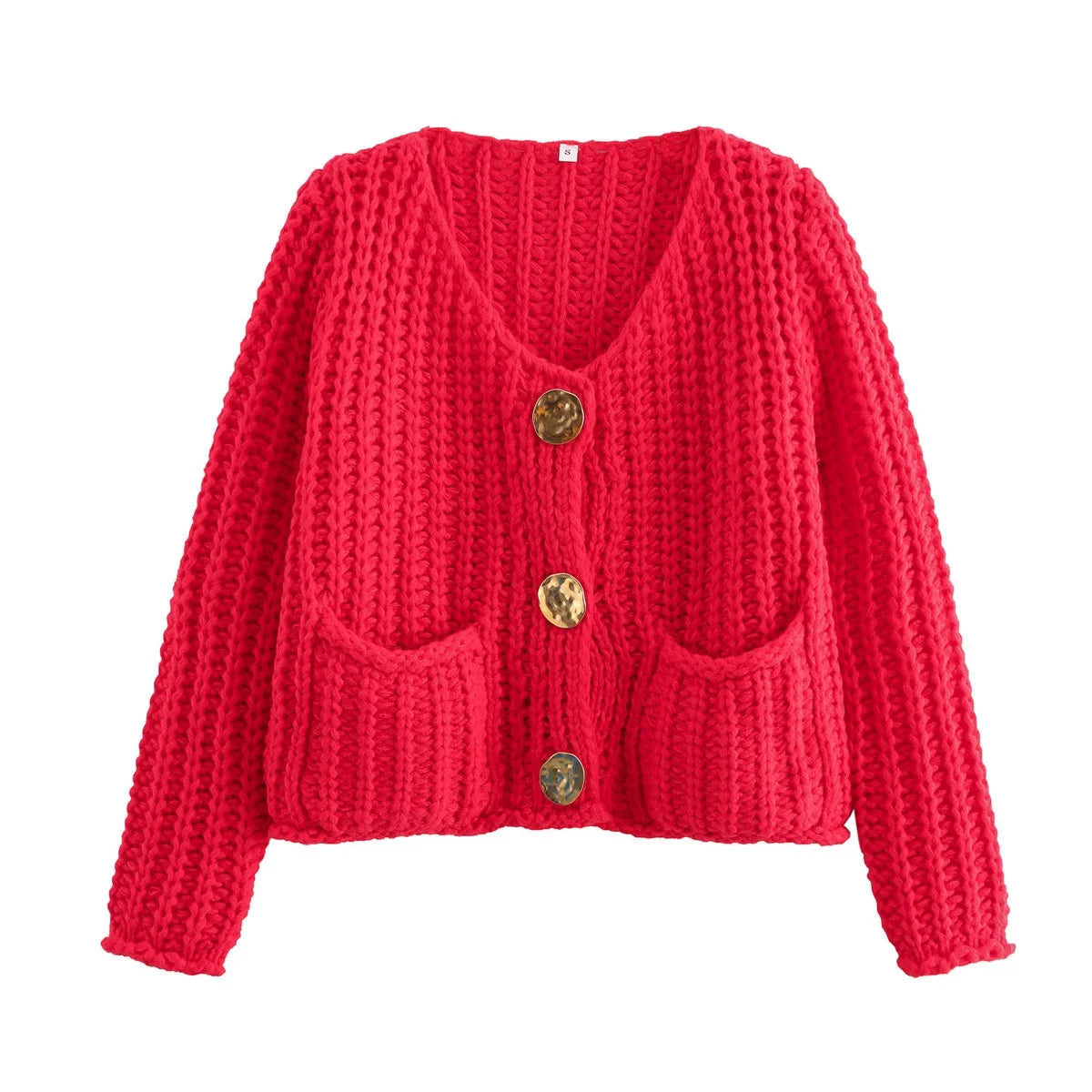 Women's new fashion gold button decoration short hollow rough knitted coat retro long sleeved pocket women's coat chic top