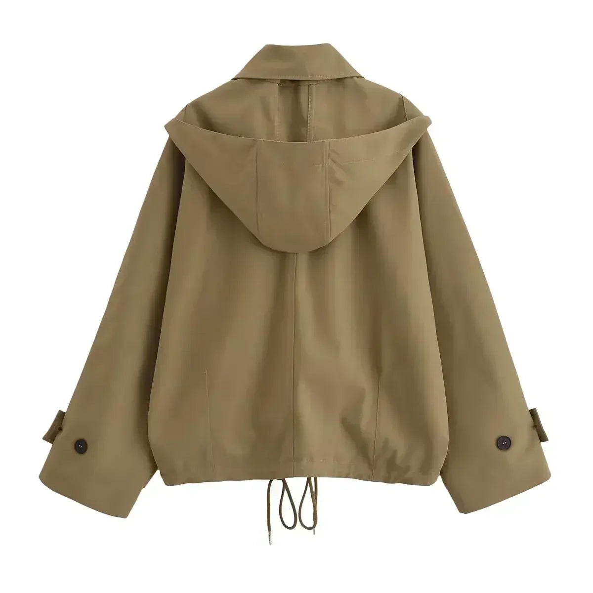 Women's new fashion with drawstring loose single breasted hooded trench coat retro long sleeved button up women's coat top