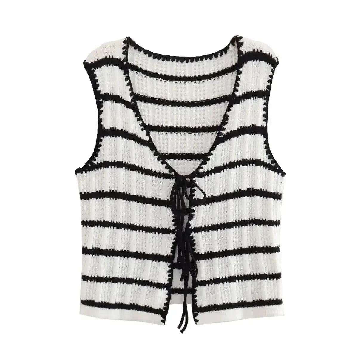 Women's 2024 new fashion slim short V Neck Crochet knitting striped vest top retro sleeveless lace up women's vest chic top