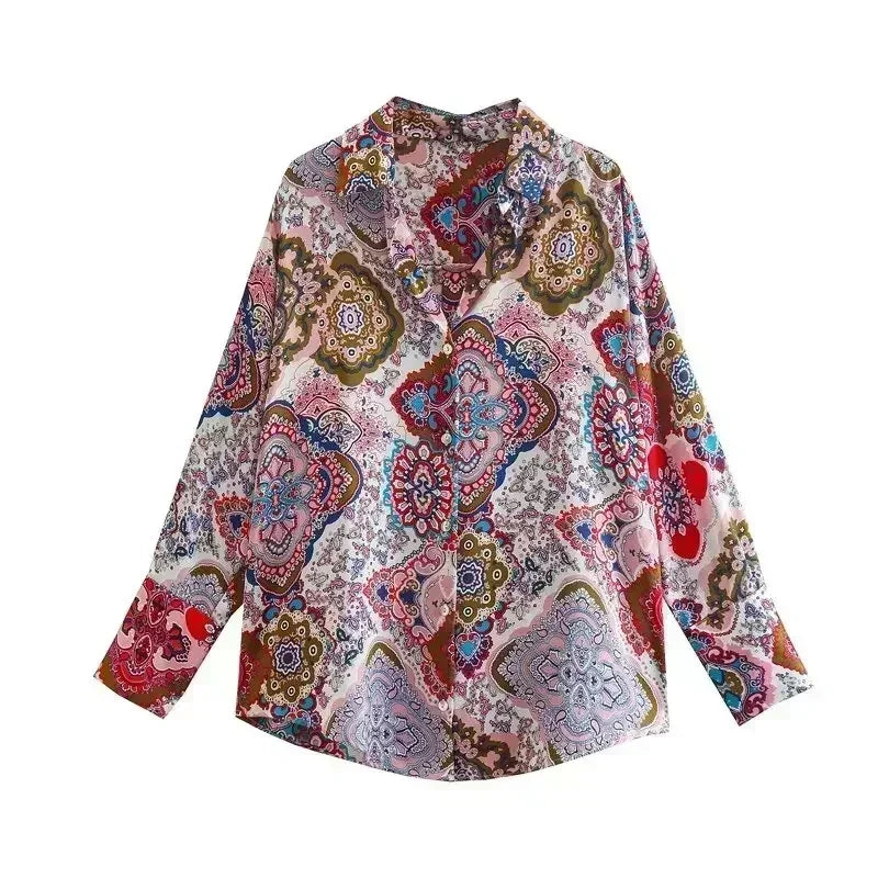 22 Women 2024 New Fashion Flowy Satin Loose Shirts Blouses Vintage Long Sleeve Button-up Female Shirts Chic Tops