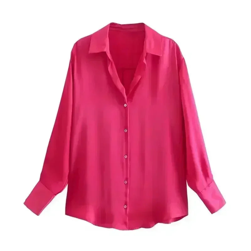 Women 2024 New Fashion Flowy Satin Loose Shirts Blouses Vintage Long Sleeve Button-up Female Shirts Chic Tops