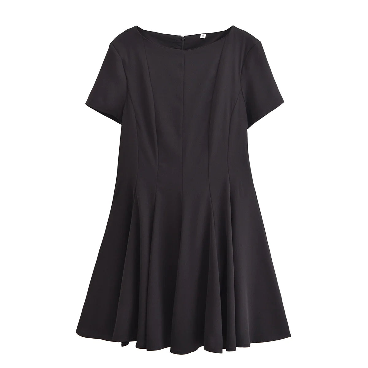 Women's new fashion wide pleated hem solid slim versatile boat neck mini dress retro short sleeved back zipper women's dress