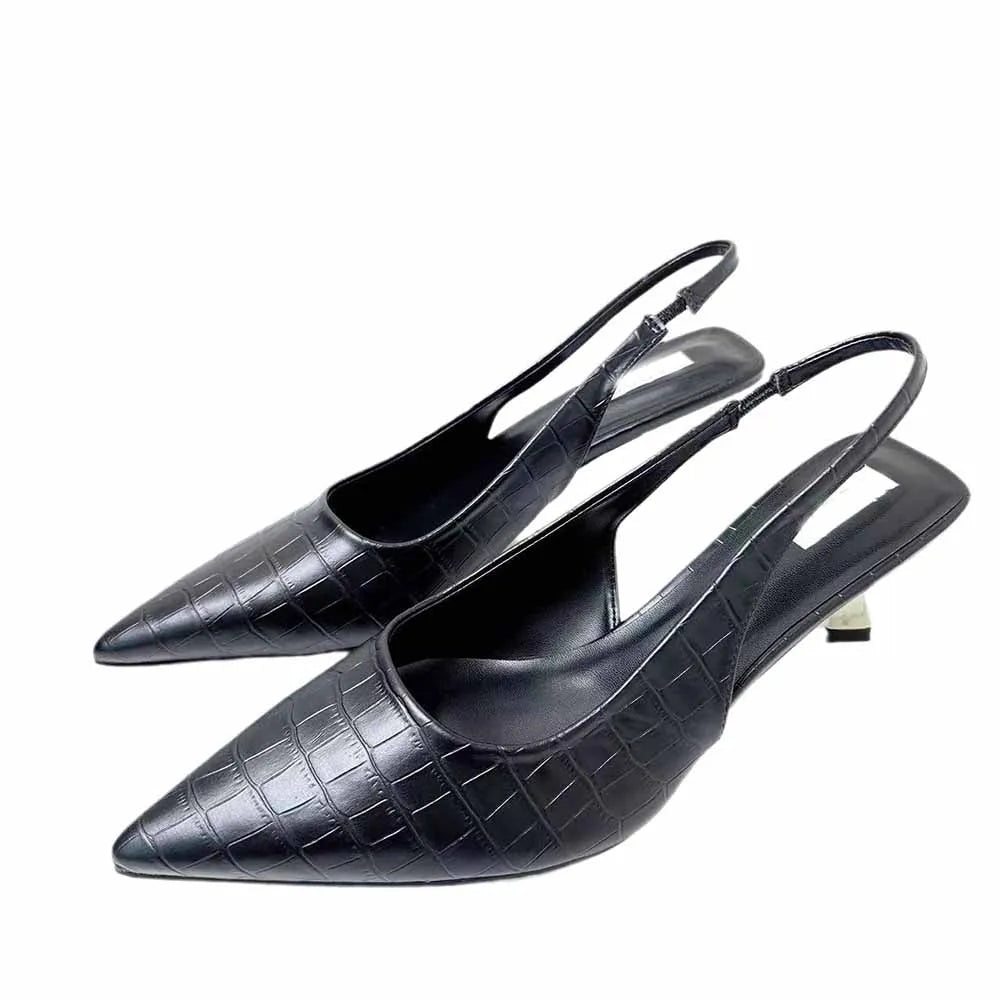 New 2024 Women's Shoes, Fashionable High Heels, Black Metal Heel and Pointed Stone Sandals, Women. 