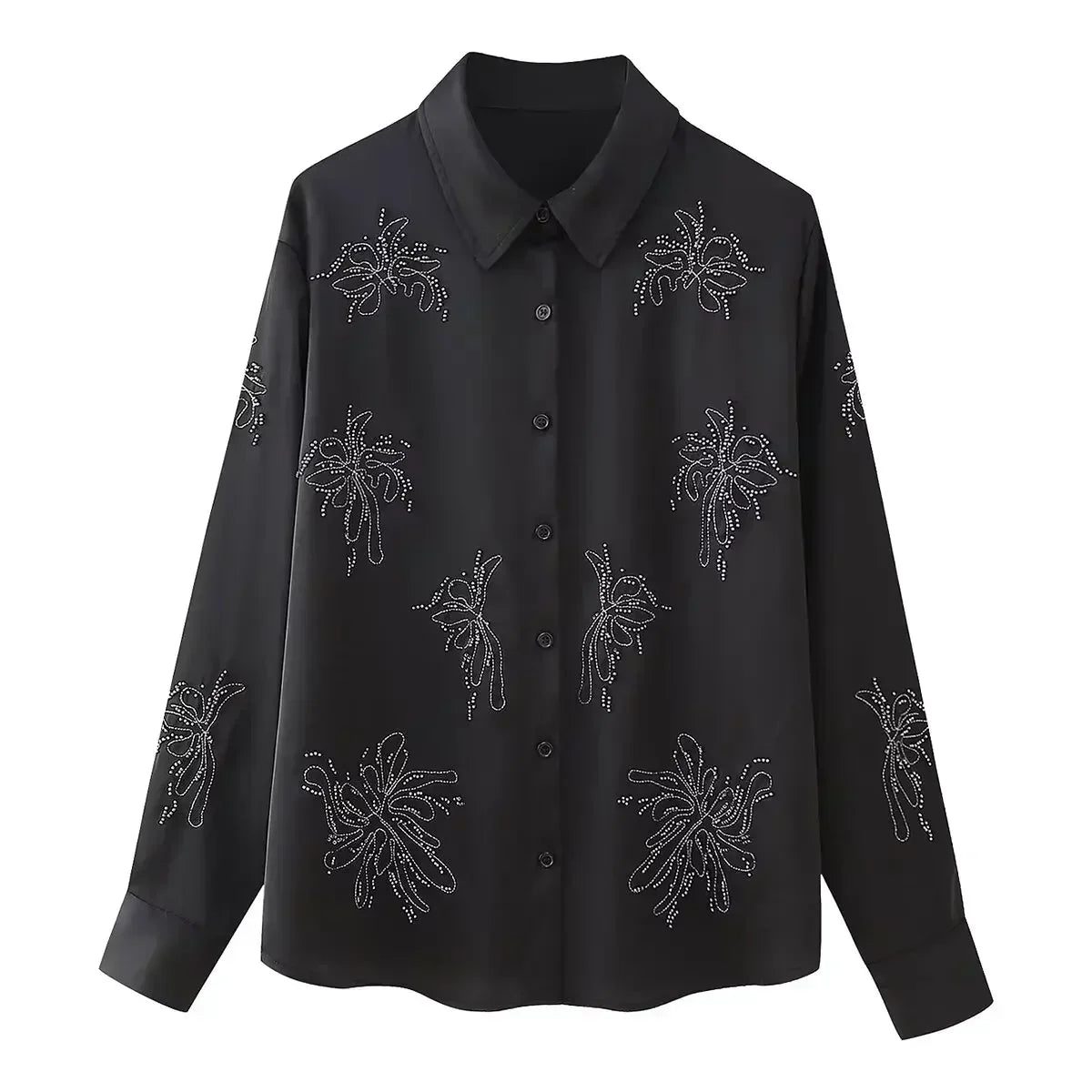 Women's new fashion beaded decoration casual lapel embroidered women's shirt retro long sleeved Button up women's shirt