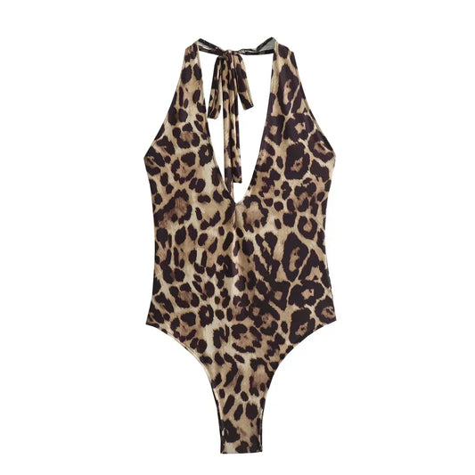 2024 Women's Chic Fashion Animal Print Stripe Tight Hanging Neck Swimsuit Retro Sleeveless Backless Women's Short jumpsuit