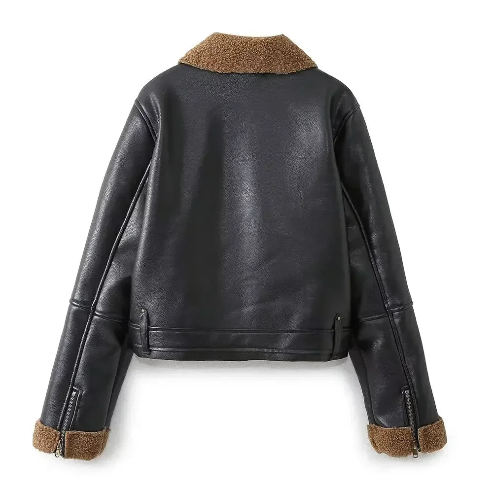 Women's new fashion zipper decoration black motorcycle style Fur Faux Leather jacket retro long sleeved women's Coat Chic top