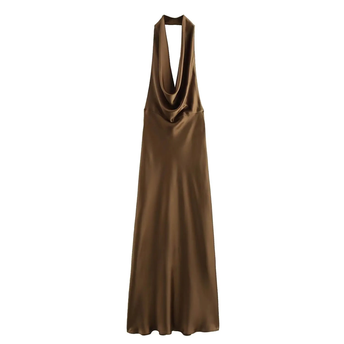 Women's new Chic fashion pleated decoration slim satin texture hanging neck MIDI dress retro sleeveless backless women's dress 