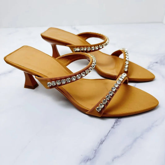 New 2024 Women's Shoes Joker Brown Rhinestone Satin High Heel With Empty Fashion Sandals.