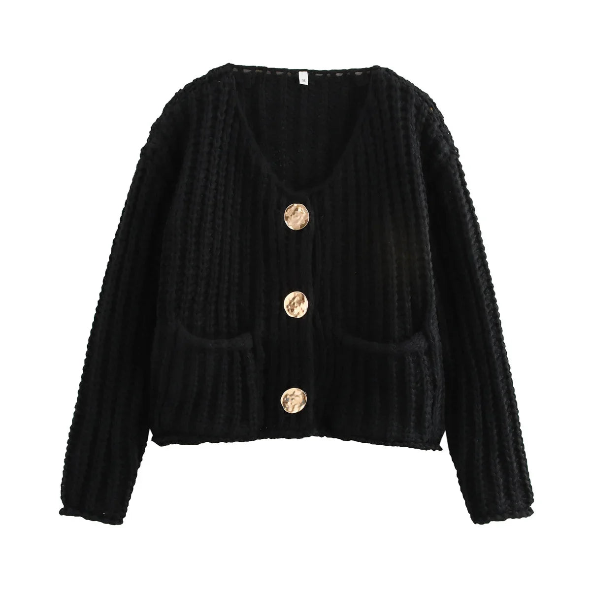 Women's new fashion gold button decoration short hollow rough knitted coat retro long sleeved pocket women's coat chic top