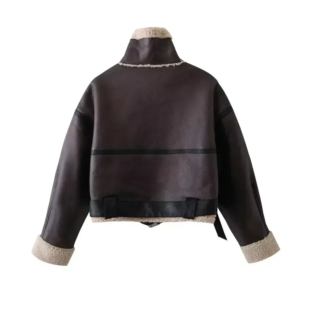 Women New Fashion With belt Cropped Fur Faux Leather Locomotive style Jacket Coat Vintage Long Sleeve Female Outerwear Chic Tops