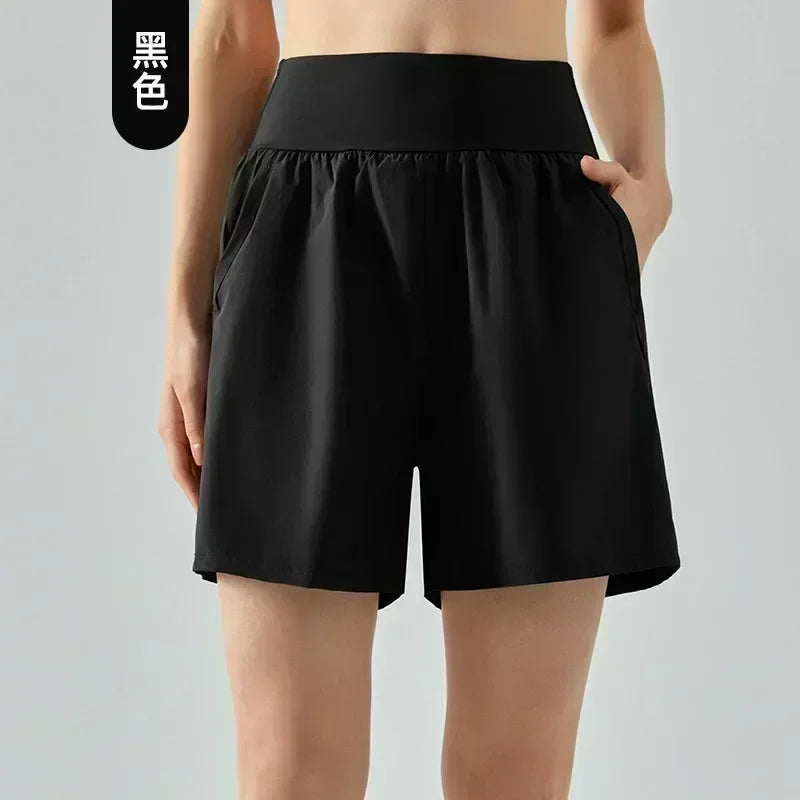 L High Waist and Abdomen Sports Shorts Women's Summer Double Pockets Running Fitness Pants Loose Leisure Yoga Shorts