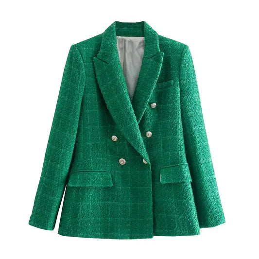 Women 2024 New Fashion Double Breasted Tweed Check Blazer Coat Vintage Long Sleeve Pockets Female Outerwear Chic