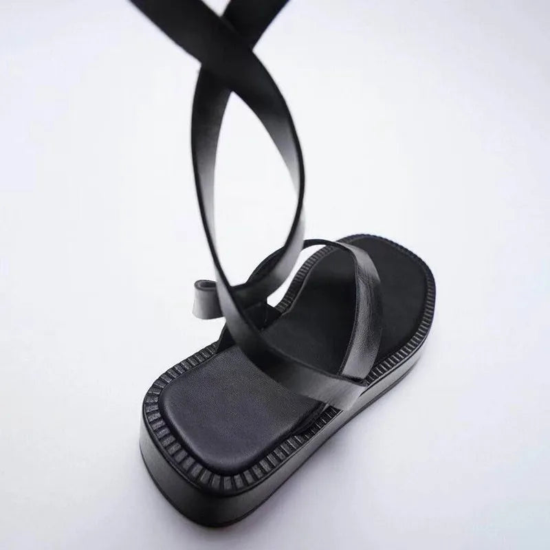 22 New women's shoes black strappy flat sandals summer thong thick sole sandals for women