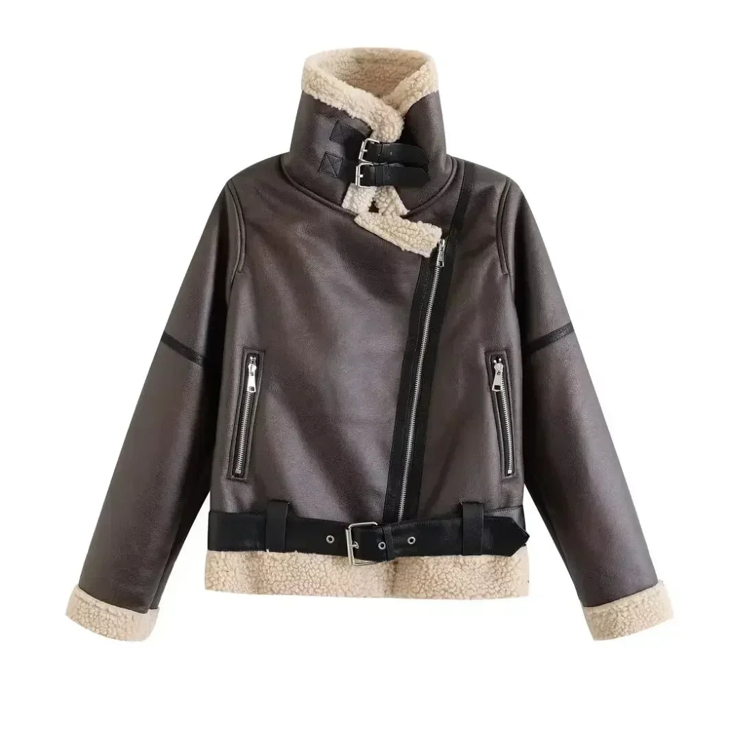 Women's New Fashion With Belt Casual Side Pocket Fur Faux Leather Jacket Coat Retro Long Sleeve Zipper Women's Coat Chic Top