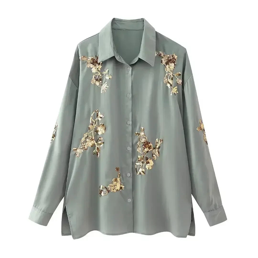 Women's New Fashion Heavy Industry Embroidery Decoration Loose Lapel Shirt Retro Long Sleeve Button Women's Shirt Unique