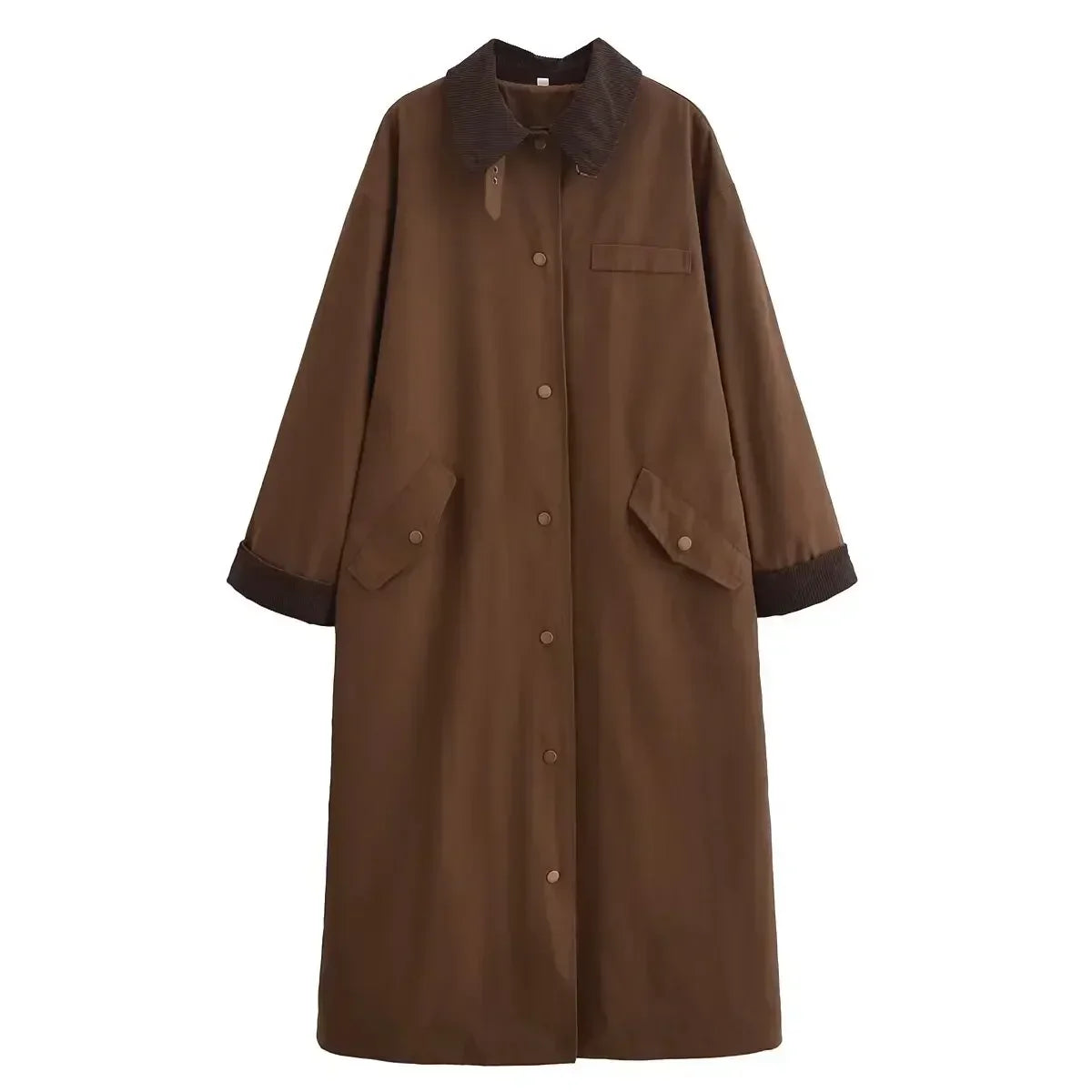 Women's new fashion flap decoration loose single breasted long style Lapel Trench coat retro long sleeved women's coat chic top