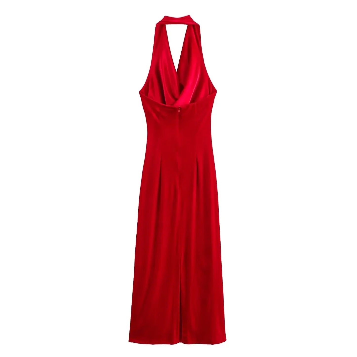 Women's new fashion pleated decoration sexy slim velvet hanging neck Midi dress retro backless zipper women's dress Mujer 