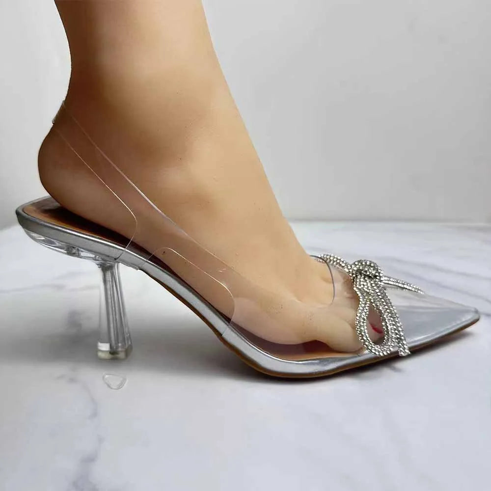 New 2024 Women's Shoes Fashion Transparent Rhinestone Bow Decorated With Pointed Back Empty High-heeled Sandals.