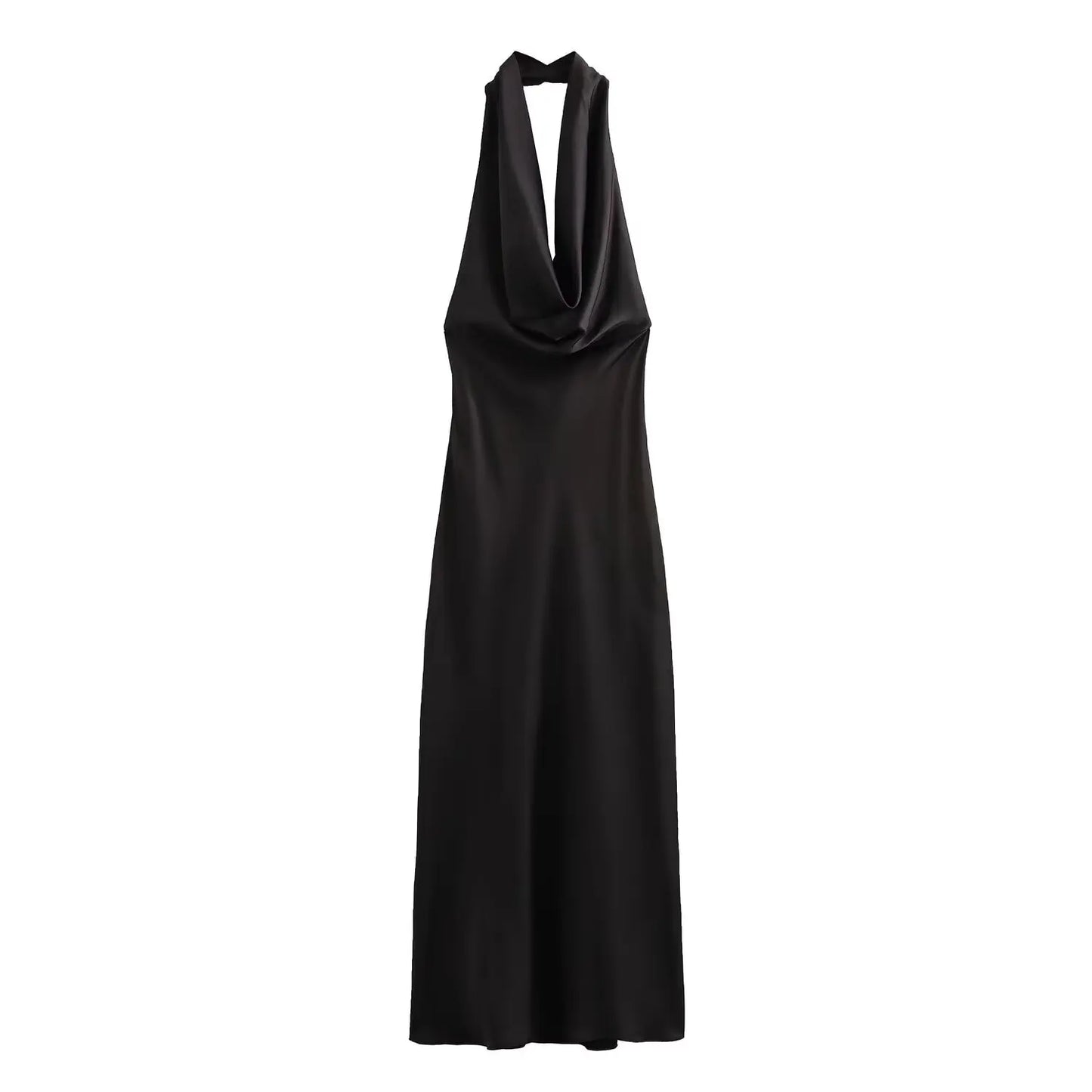 Women's new Chic fashion pleated decoration slim satin texture hanging neck MIDI dress retro sleeveless backless women's dress 