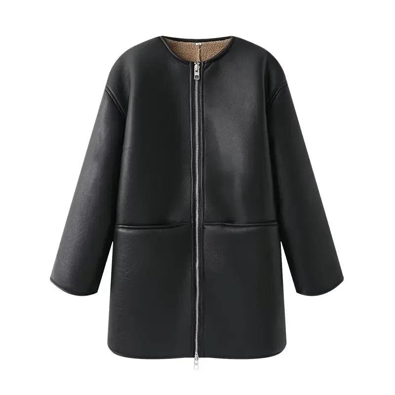 Women's new fashion loose side pocket long style Fur Faux Leather jacket coat retro O Neck long sleeved women's coat chic top