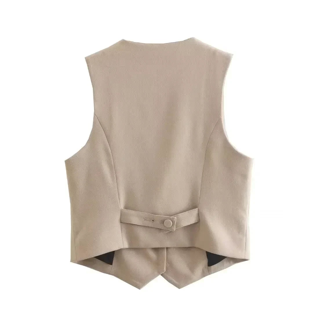 Women's new fashion pocket decoration casual short V Neck vest coat retro button up women's vest chic top+Pants suit