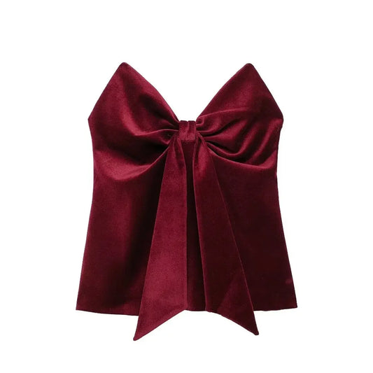 Women's new fashion bow decoration slim pleated velvet strapless top retro sleeveless backless women's vest chic top