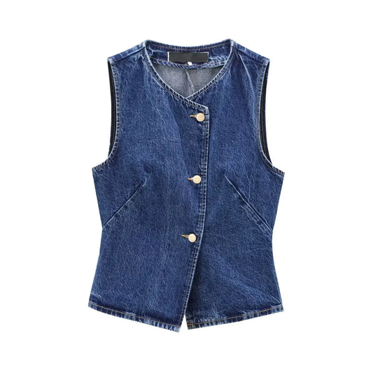 Women's 2024 new fashion slim denim vest casual versatile single breasted denim vest coat retro sleeveless women's vest chic top