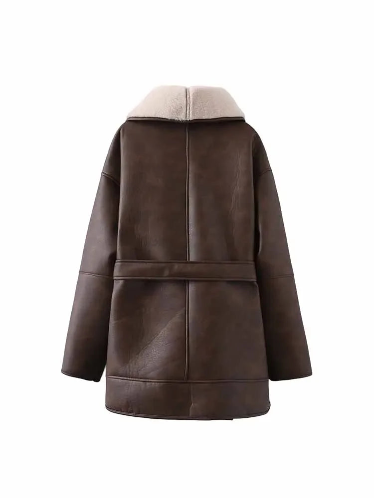 Women's new Fashion belt decoration casual double breasted warm Fur Faux Leather jacket retro long sleeved women's Coat Chic top