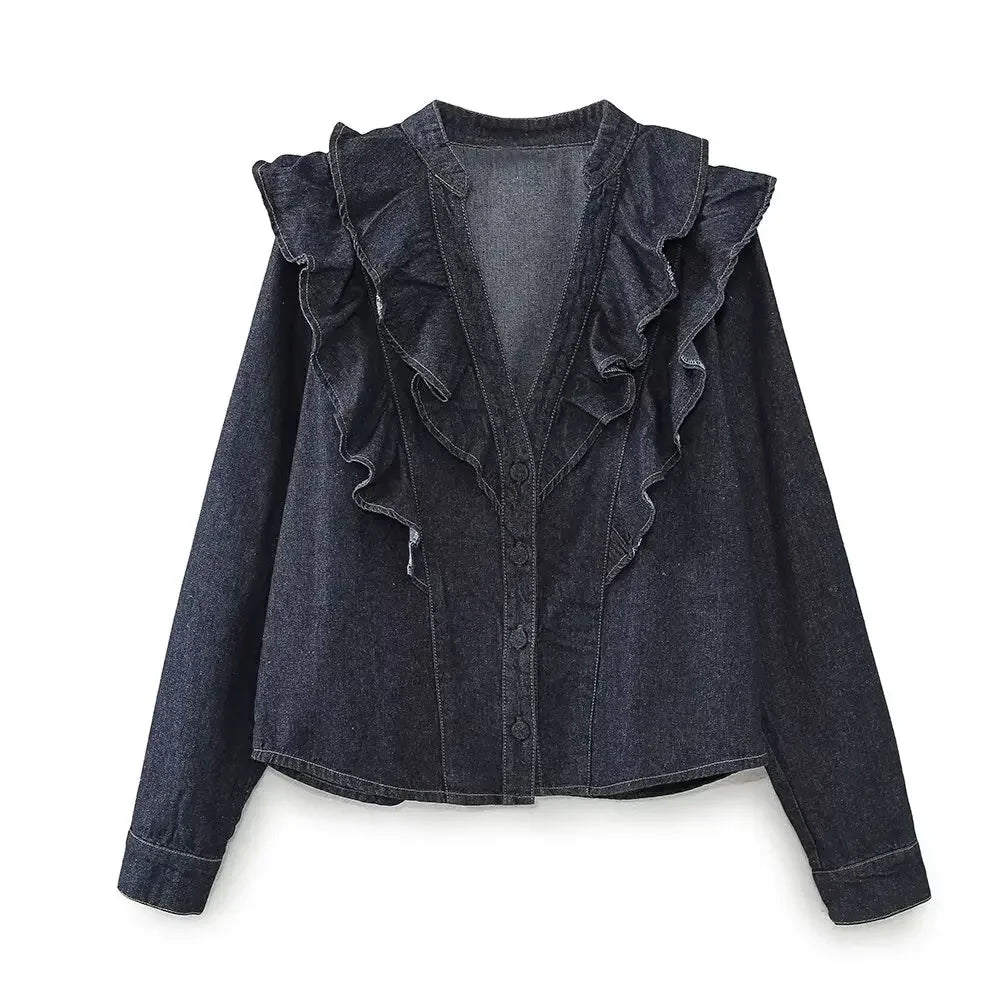 Women's new Fashion layered decoration loose single breasted denim shirt coat retro V Neck long sleeved women's coat chic top