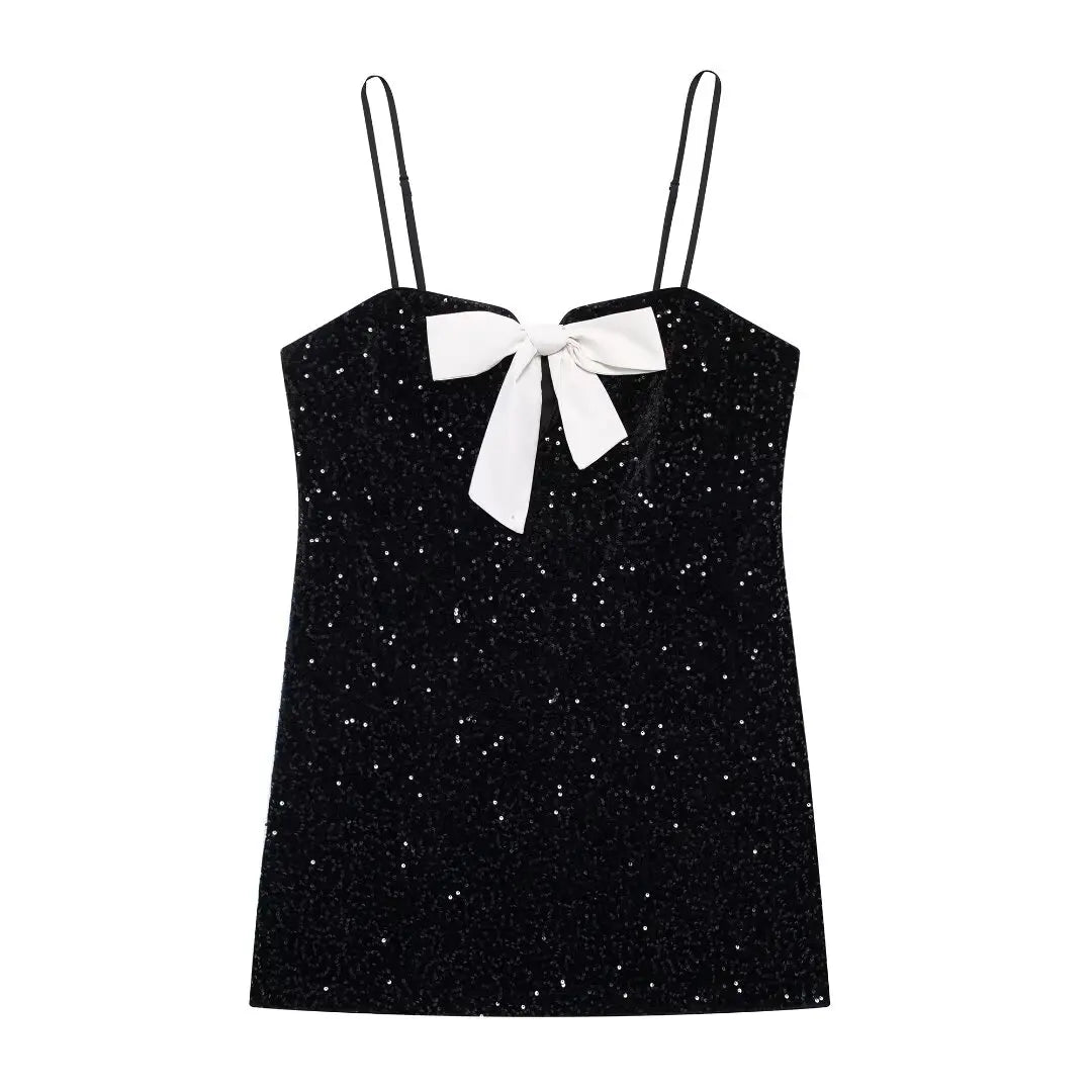 Women's new fashion bow decoration black slim sequin suspender mini dress retro sleeveless backless women's dress Mujer