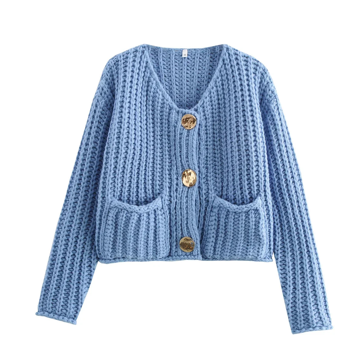 Women's new fashion gold button decoration short hollow rough knitted coat retro long sleeved pocket women's coat chic top