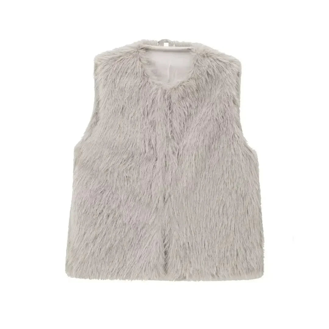 Women's New Fashion Artificial Fur Effect Casual Single Breasted Vest Coat Retro Sleeveless Side Pocket Women's Vest Chic Top 