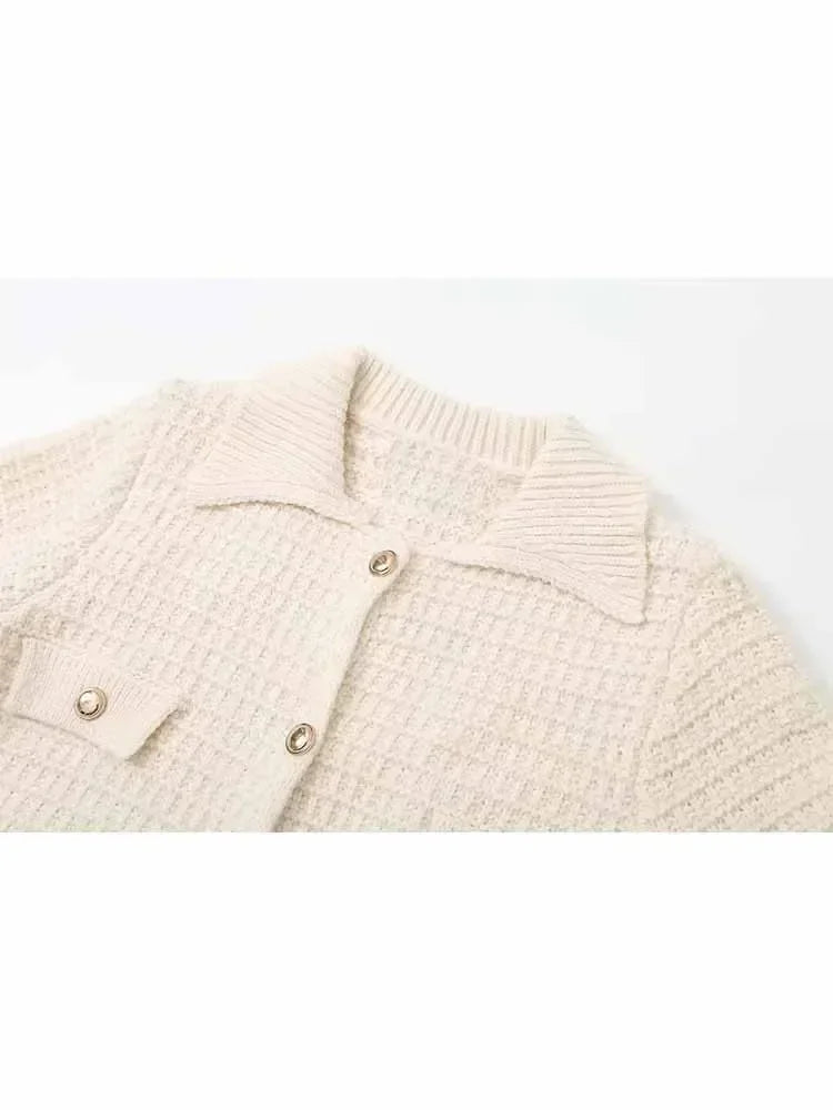 Women's new fashion gold button flip decoration casual short Grid lapel knitted coat retro long sleeved women's coat chic top 