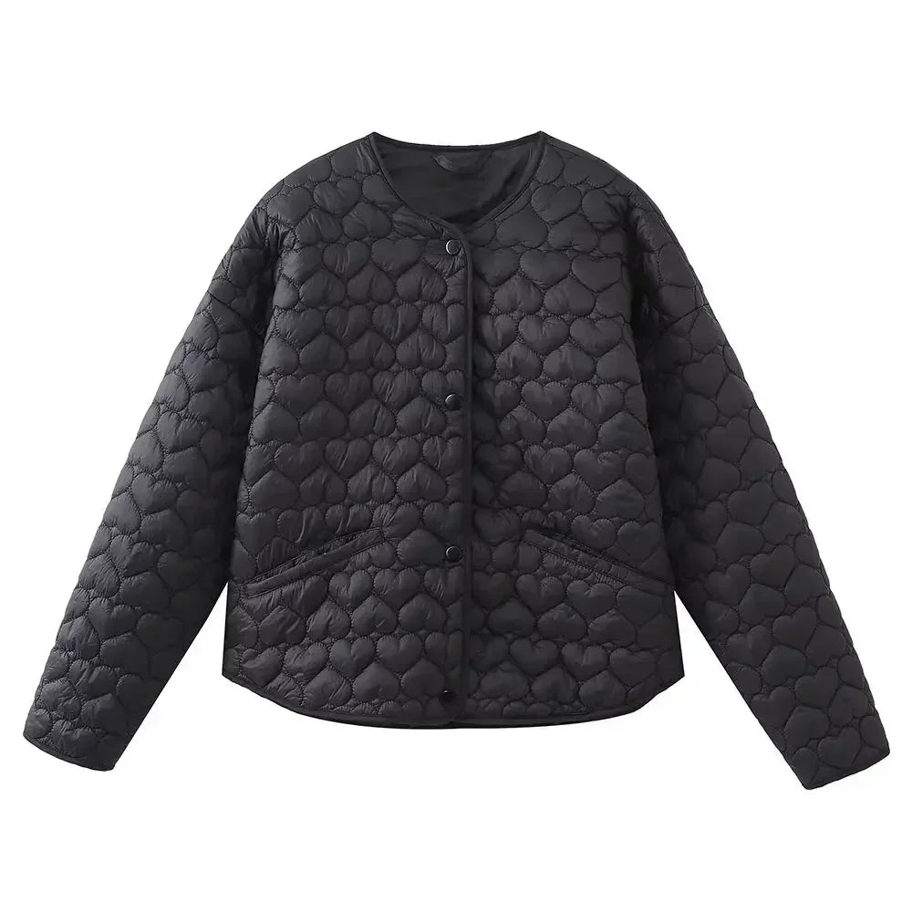 Women's New Fashion Heart Shaped Quilted Line Decoration Short Cotton Jacket Retro Long Sleeve Button up Women's Coat Chic Top