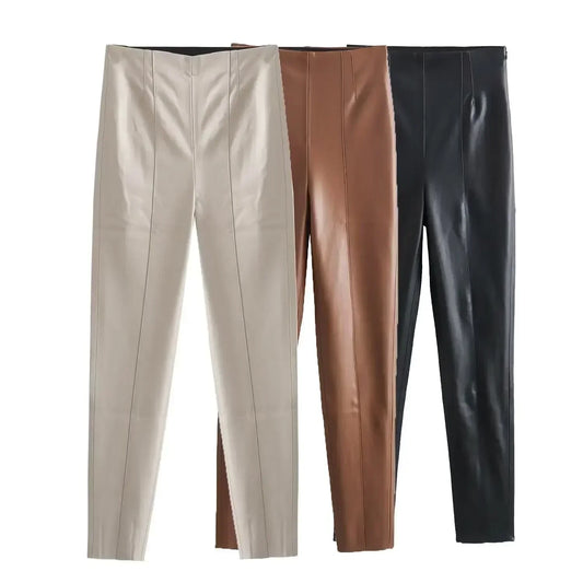 Women New Fashion Thread decoration Solid slim Bottom Faux leather Pants Vintage High Waist Side Zipper Female Trousers Mujer