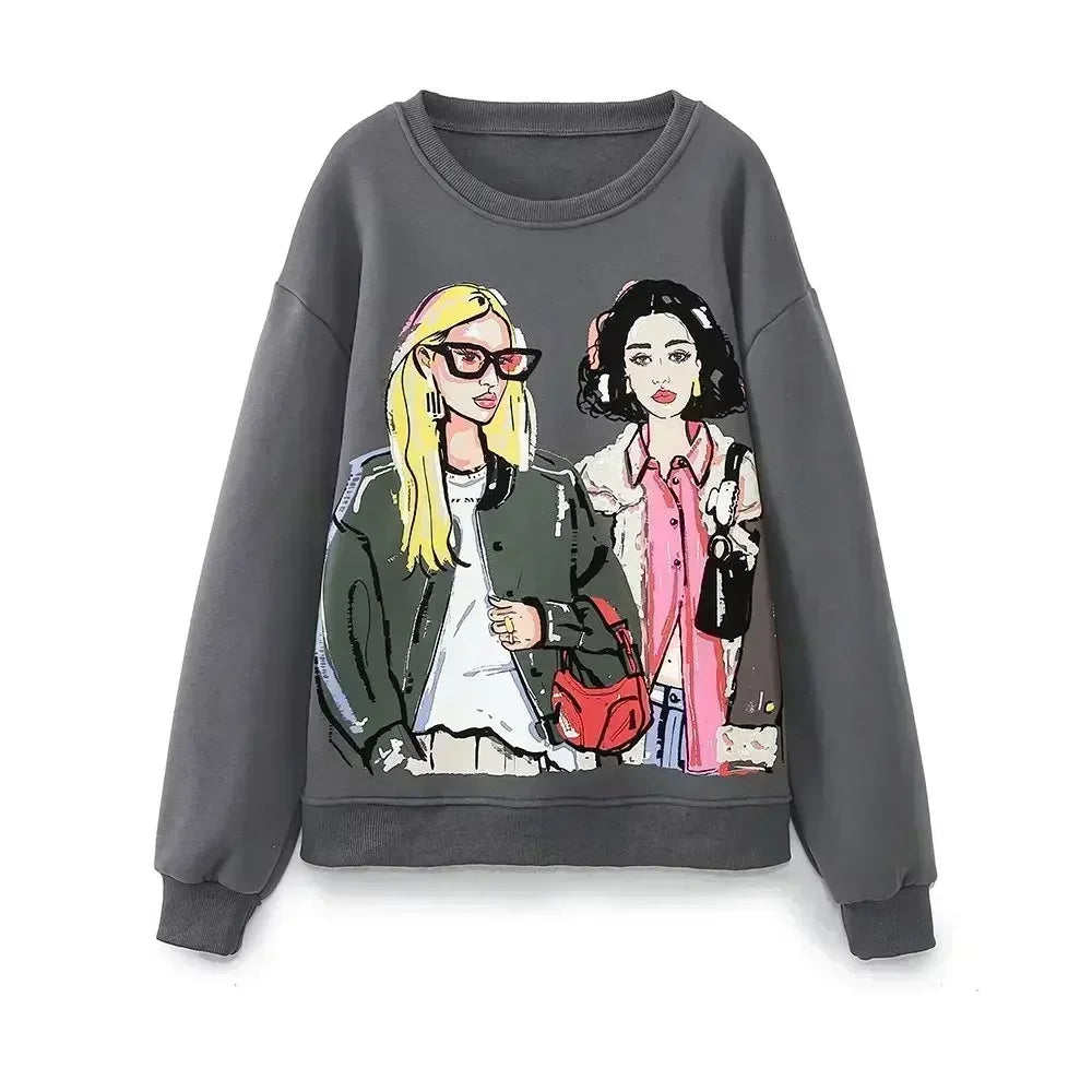 Women Autumn New Fashion Loose Print Basic Casual Sweatshirts Vintage O Neck Long Sleeve Female Pullovers Chic Tops