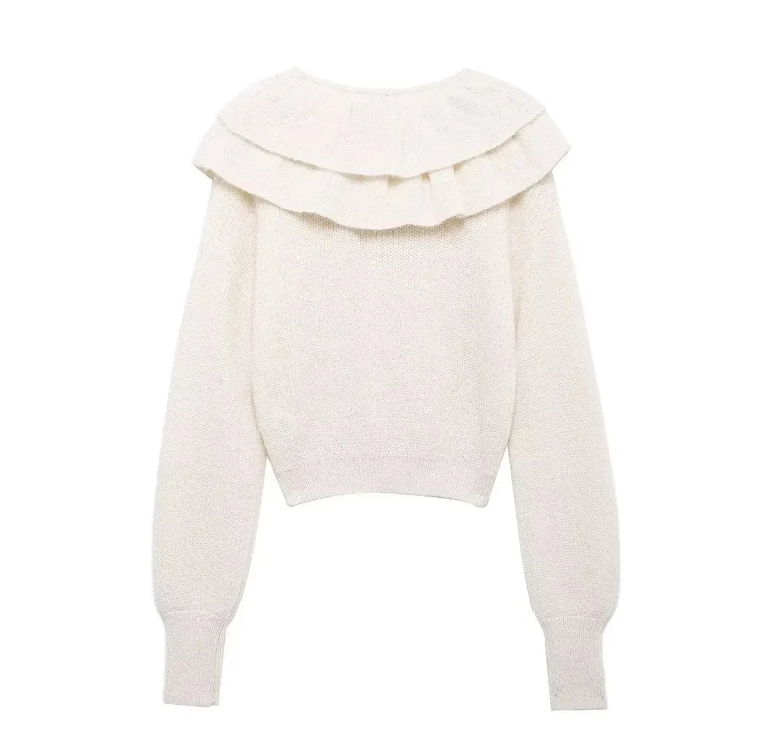 Women's new fashion layered decoration collar design short O-Neck knitted sweater retro long sleeved women's pullover chic top 