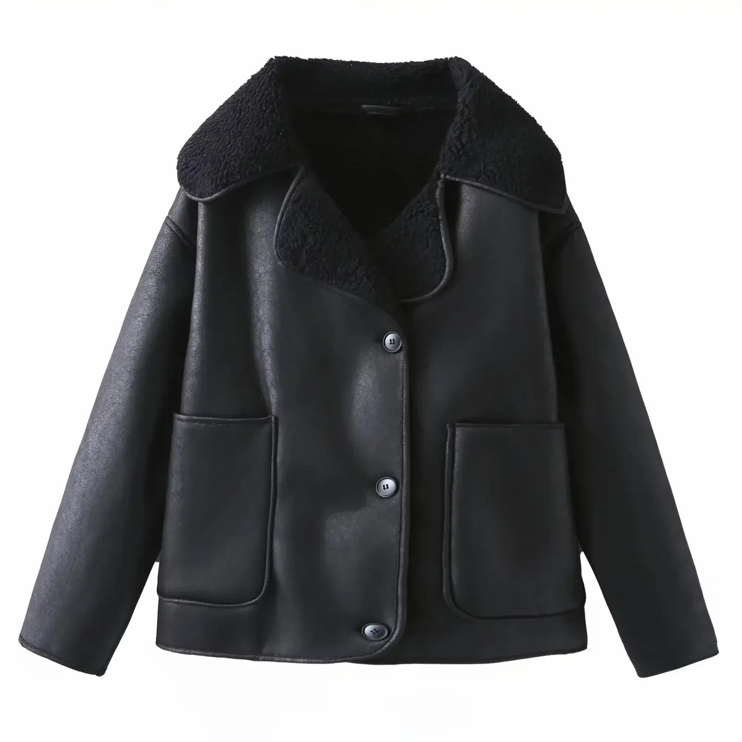 Women's new Fashion With pocket casual double-sided Fur Faux Leather jacket retro long sleeved button up women's coat chic top