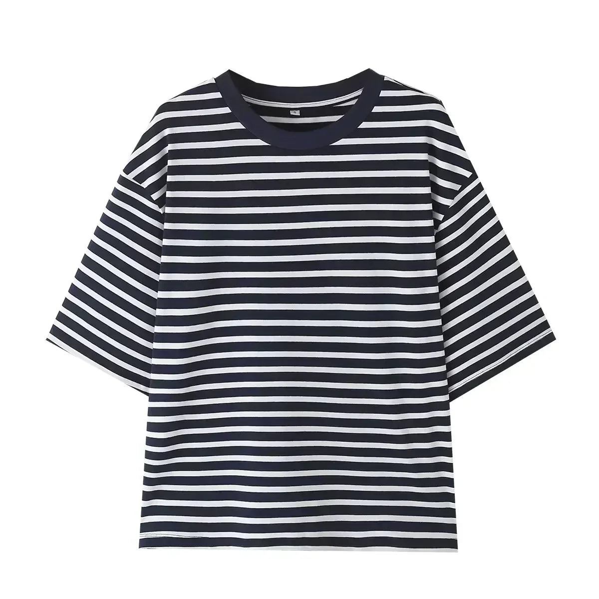 Women's New Fashion Hem Split Design Casual T-shirt Loose Stripe O Neck Tshirt Retro Short sleeved Women's Tee Shirt Tops